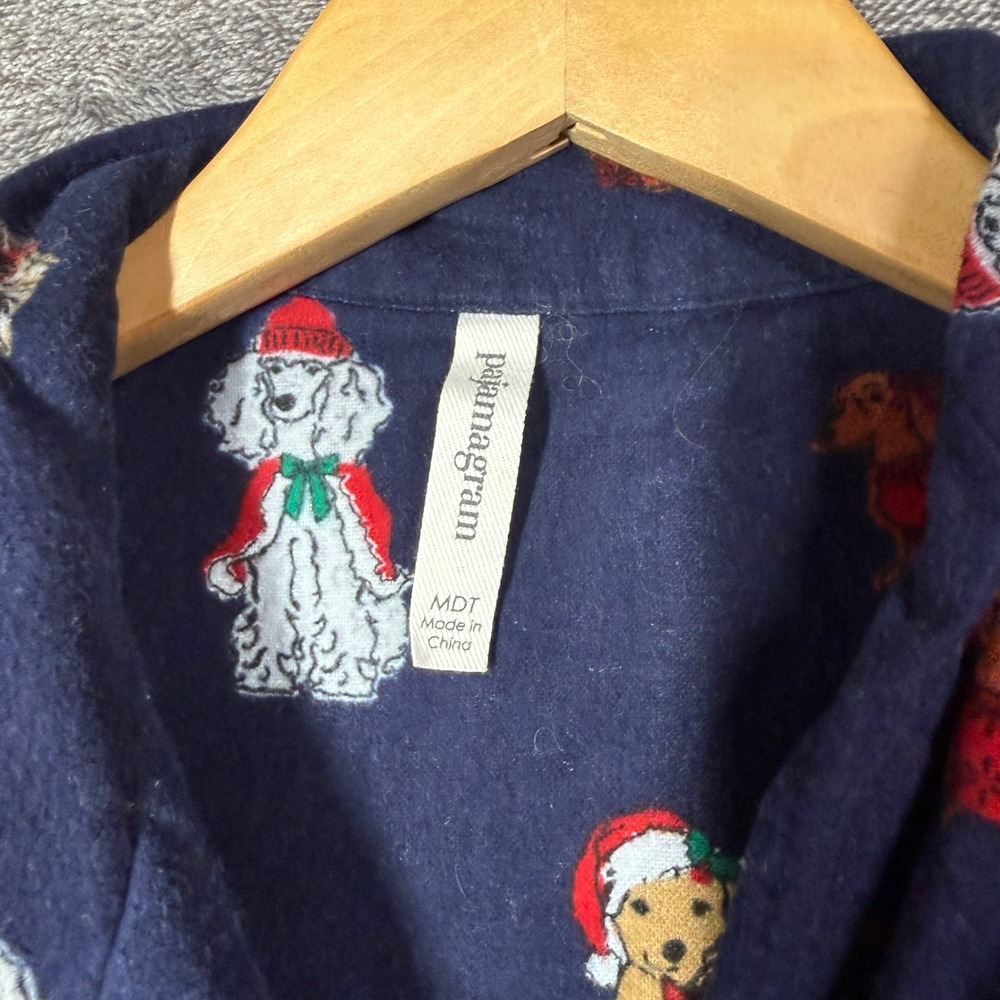 PajamaGram Pajama Set Womens Medium Christmas Dog Navy Blue Cotton Flannel - Picture 2 of 10